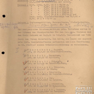 Fragment Listy osób skazanych przez Sąd Doraźny Rejencji Ciechanów i Okręgu Suwałki w dn. 20.05.1944 na karę śmierci