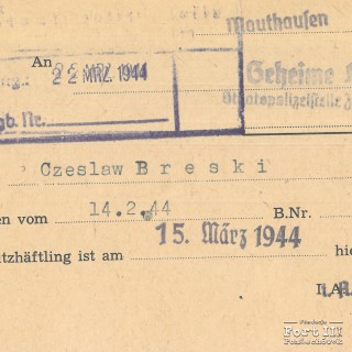 Potwierdzenie dostarczenie więźnia Czesława Brzeskiego do KL Mauthausen – 15.03.1944 r. AIPN GK 629/264