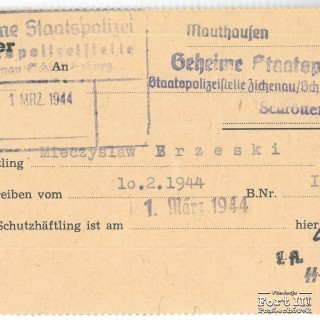 Dokument potwierdzający dostarczenie więźnia Mieczysława Brzeskiego do KL Mauthausen 1 marca 1944 r.