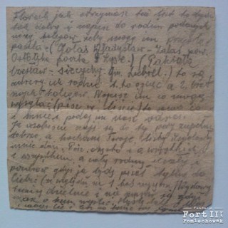 List więźnia Fortu Zygmunta Zyblewskiego z 13.09.1943 r., w którym wspomina o koledze z celi, którego ojciec nazywał się Władysław Gołaś.