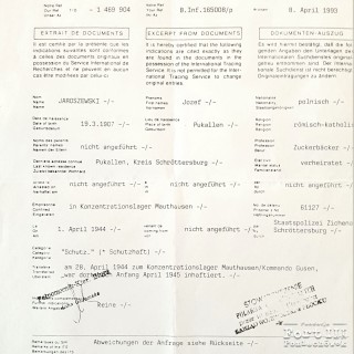 Informacja z ITS potwierdzająca pobyt w KL Mauthausen i Gusen