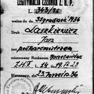 Legitymacja członkowska ZHP Jana Laszkiewicza, 23.09.1936 r.
