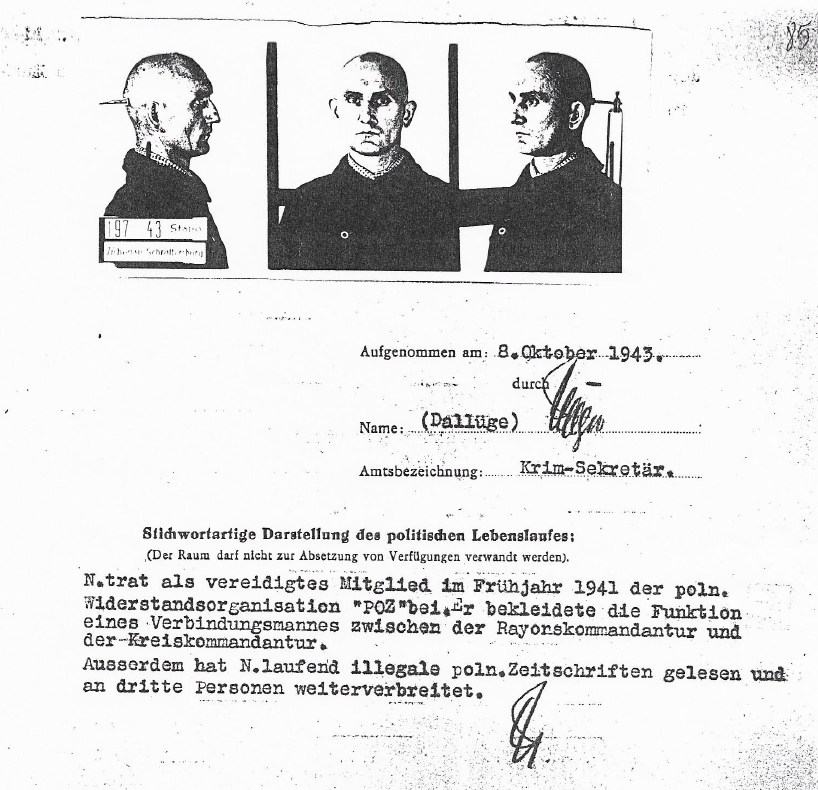 Fragment kwestionariusza przesłuchiwanego Władysława Nyki z fotografiami sygnalitycznymi, 8.10.1943 r.