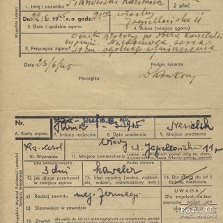 Karta zgonu Kazimierza Pianowskiego, 23.06.1945 r.