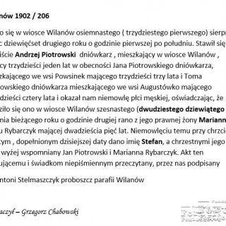 Tłumaczenie metryki Stefana Piotrowskiego, oryginalnego rosyjskojęzycznego wpisu do księgi metrykalnej w parafii Wilanów