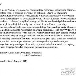 Tłumaczenie metryki Tadeusza Rublikowskiego, oryginalnego rosyjskojęzycznego wpisu do księgi metrykalnej w parafii Płock