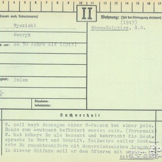 Karta z kartoteki gestapo na nazwisko Hieronima Wyszyńskiego, (Geheime Staatspolizei, Staatspolizeistelle Zichenau/Schröttersburg), sygn. AIPN GK 629/12996