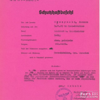 Nakaz zastosowania aresztu ochronnego/prewencyjnego wydany 10 stycznia 1944 r. Dokument pochodzi z akt gestapo w sprawie Hieronima Wyszyńskiego, sygn. AIPN GK 629/7277, k. 7
