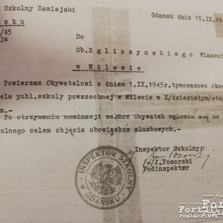 Dokument nominacji Wincentego na stanowisko nauczyciela w Miłoradzu.