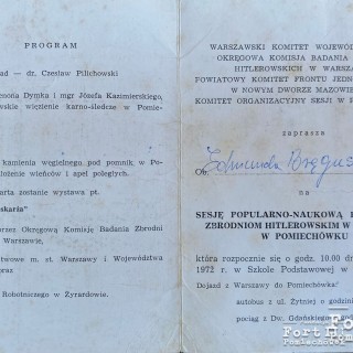 Zaproszenie na sesję popularnonaukową poświęconą Fortowi III pod hasłem „Pomiechówek Oskarża”, która odbyła się w Pomiechówku, w dniu 7 maja 1972 roku.