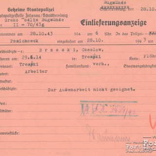 Dokument: Zawiadomienie o dostarczeniu do więzienia Czesława Brzeskiego, aresztowany 28.10.1943 r. o 6.00. Doprowadzony do policyjnego więzienia w Pomiechówku o godz. 12.00 AIPN GK 629/264