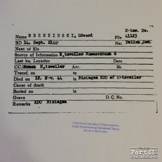 Karta informacyjna z Centralnego indeksu nazwisk - wypis z księgi ewidencyjnej więźniów KL Natzweiler-komando Bisingen