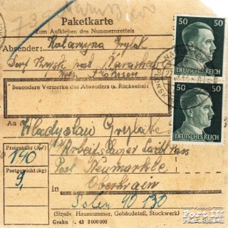 Potwierdzenie pocztowe nadania paczki z Naruszewa do KL Loiblpass. Jej adresatem był Władysław Grylak z numerem obozowym 40130 (str.1)