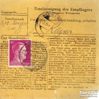 Potwierdzenie pocztowe nadania paczki z Naruszewa do KL Loiblpass. Jej adresatem był Władysław Grylak z numerem obozowym 40130 (str. 2)