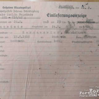 Dokument przyjęcia do aresztu w Nowym Dworze 24.02.1943 r.