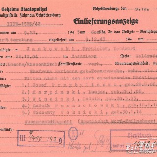 Dokument potwierdzający przyjęcie Bronisława Jankowskiego ps. „Sikorka” do więzienia w Płocku.