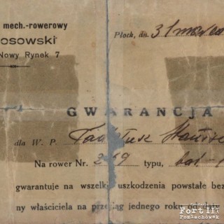Karta gwarancyjna wystawiona przez Warsztat Mechaniczno-Rowerowy Bolesława Kosowskiego, Płock, 1938 r.