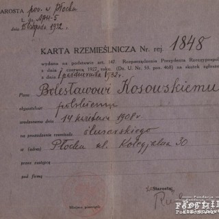 Karta rzemieślnicza nr 1848 wystawiona na nazwisko Bolesława Kosowskiego - 25.11.1935 r.