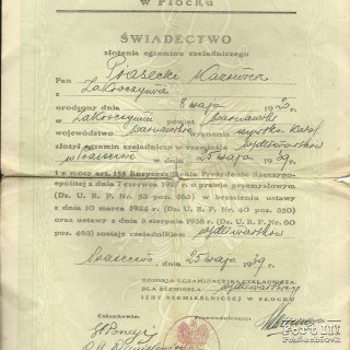 Świadectwo złożenia egzaminu czeladniczego z dnia 25.05.1939 r.