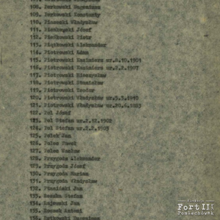 Czwarta strona listy 187 członków PPR i GL aresztowanych i osadzonych w więzieniu policyjnym w Pomiechówku, w tym 172 więźniów skazanych na karę śmierci.