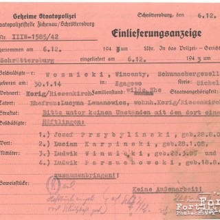 Dokument potwierdzający osadzenie Wincentego Woźnickiego w więźniu sądowym w Płocku