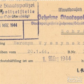 Potwierdzenie przyjęcia więźnia Hieronima Wyszyńskiego do KL Mauthausen w dniu 1 marca 1944 r. Dokument pochodzi z akt gestapo, sygn. AIPN GK 629/7277, k. 10