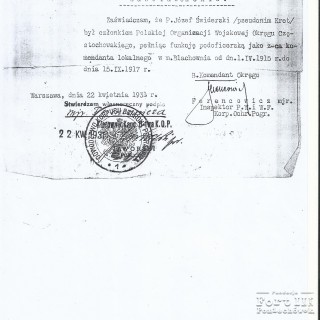 Potwierdzenie przynależności do Polskiej Organizacji Wojskowej Okręgu Częstochowskiego
